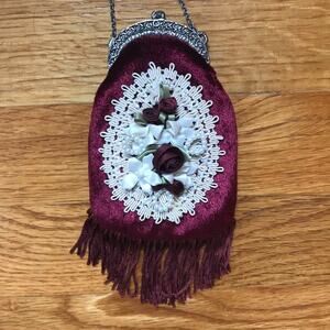 Gothic Victorian Vampire Burgundy Velvet White Lace Roses Lilies Tiny Coin Bag